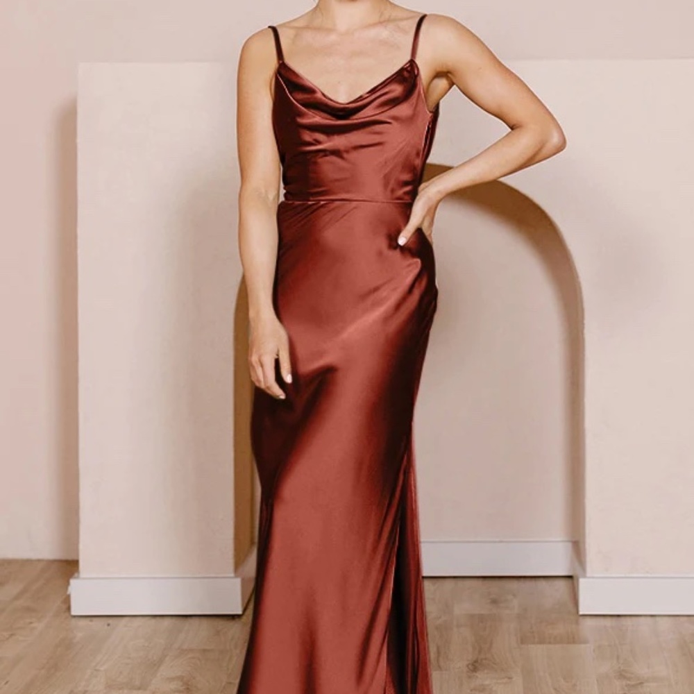 Revelry | Backless Nadia Satin Dress, Cinnamon Rose, Size 10, Petite Maxi
